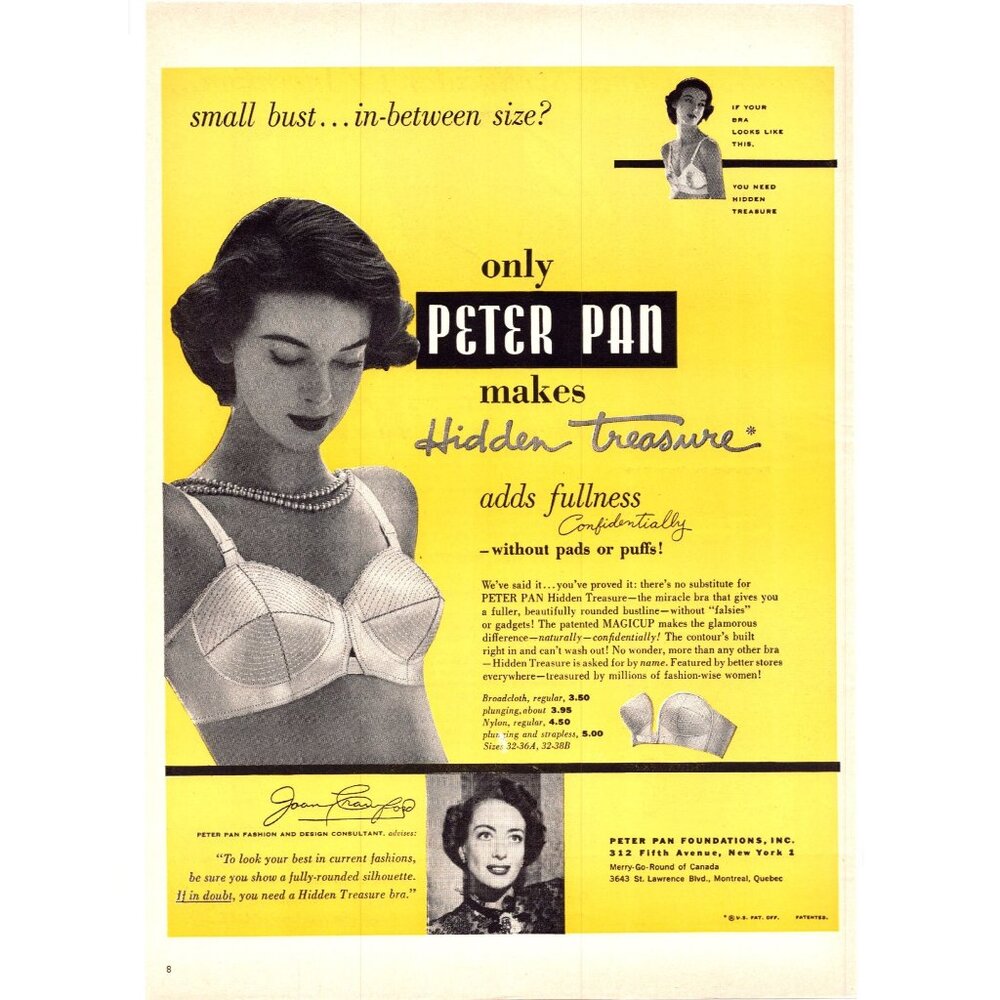 1951 Peter Pan Hidden Treasure Bra Vintage Print Ad 50s Womens Fashion Wall Art